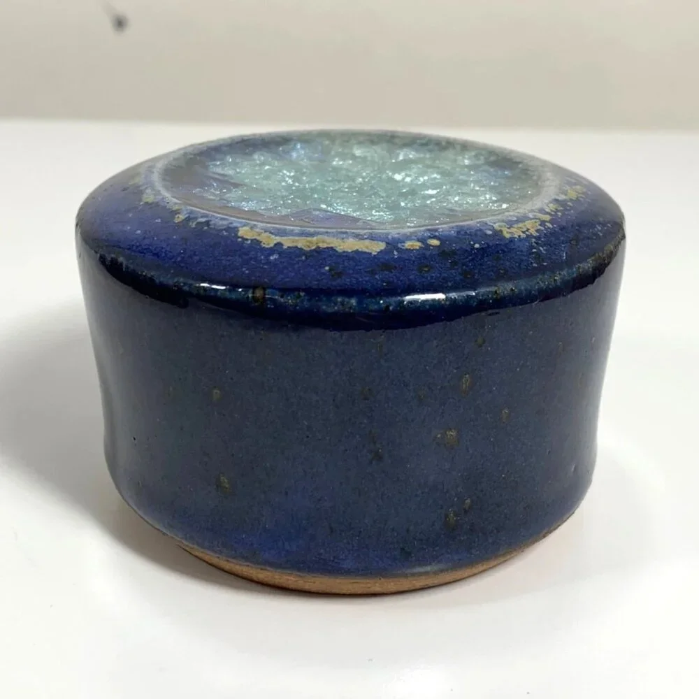 Salterra Spice Shaker Blue Ceramic Pottery w/ Geode Crackle Glass